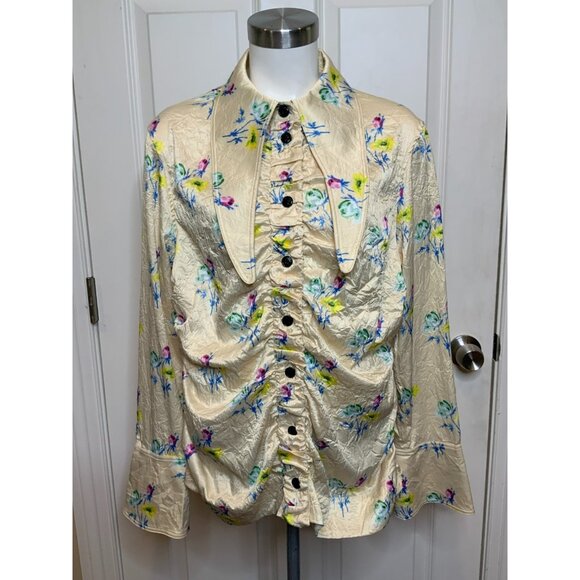 GANNI Floral Ruched Crinkled Cream Satin Long Sleeve Shirt, Size 44 | 14 - Picture 2 of 12